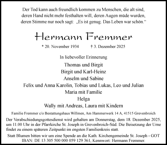 Traueranzeige von Hermann Fremmer von Rheinische Post
