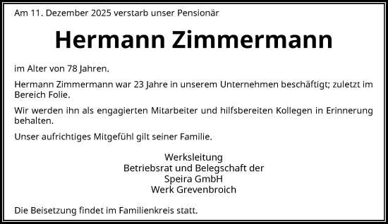Traueranzeige von Hermann Zimmermann von Rheinische Post