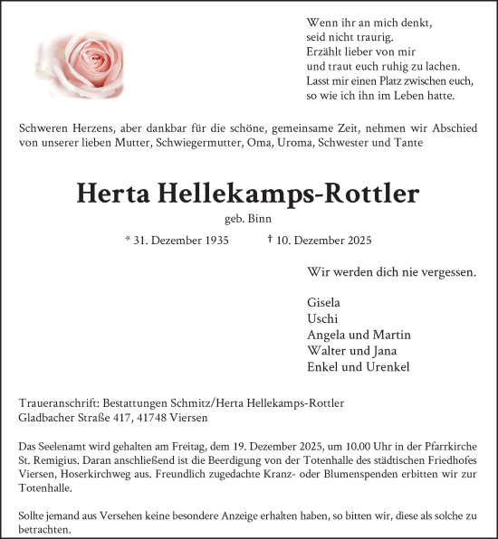 Traueranzeige von Herta Hellekamps-Rottler von Rheinische Post