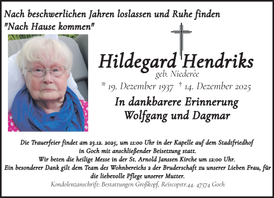 Traueranzeige von Hildegard Hendriks von Rheinische Post