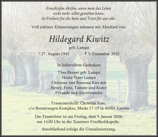 Traueranzeige von Hildegard Kiwitz von Rheinische Post