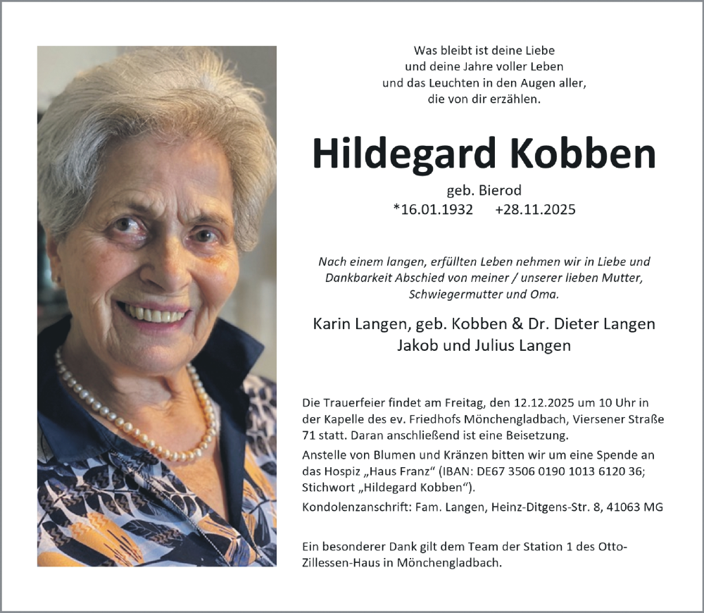  Traueranzeige für Hildegard Kobben vom 06.12.2025 aus Rheinische Post