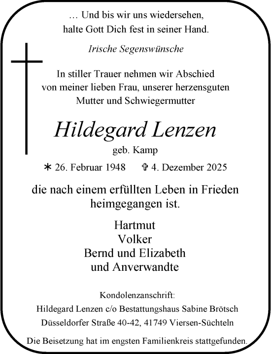 Traueranzeige von Hildegard Lenzen von Rheinische Post