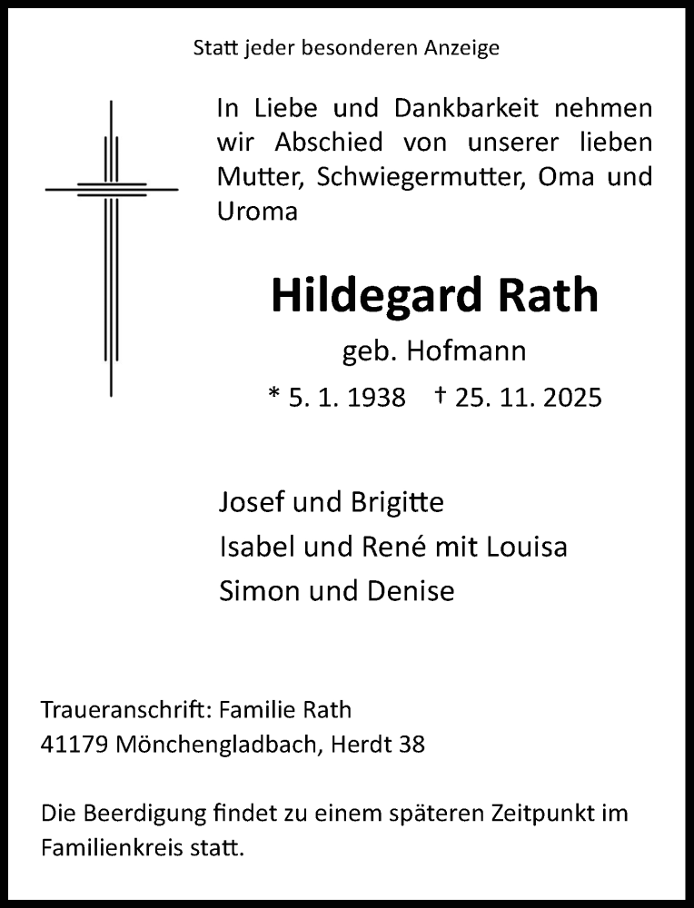  Traueranzeige für Hildegard Rath vom 03.01.2026 aus Rheinische Post