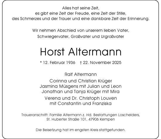 Traueranzeige von Horst Altermann von Rheinische Post