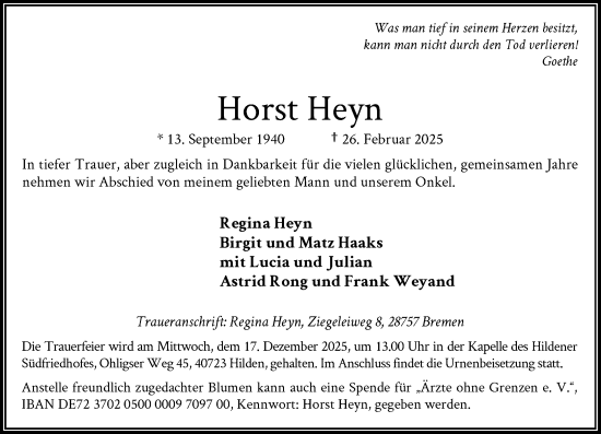 Traueranzeige von Horst Heyn von Rheinische Post
