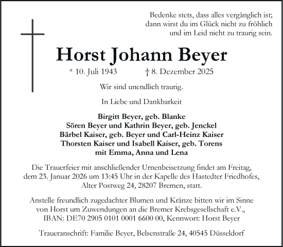 Traueranzeige von Horst Johann Beyer von Rheinische Post