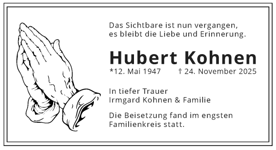 Traueranzeige von Hubert Kohnen von Rheinische Post