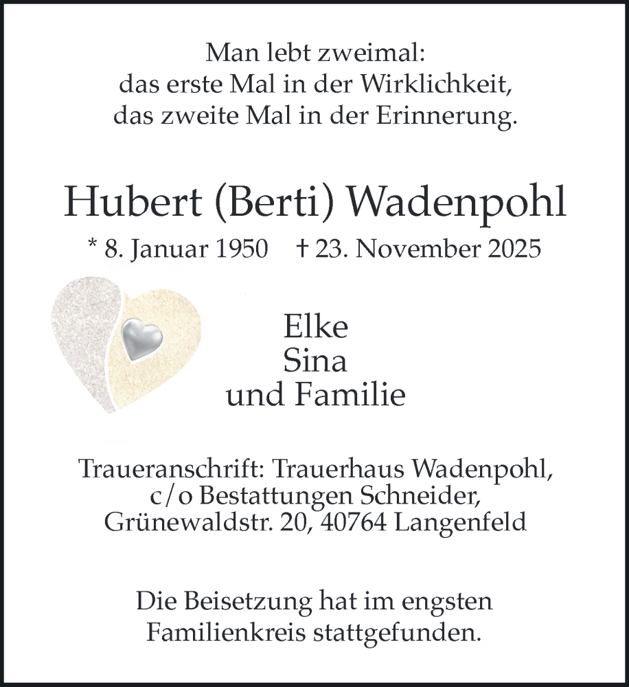  Traueranzeige für Hubert Wadenpohl vom 20.12.2025 aus Rheinische Post