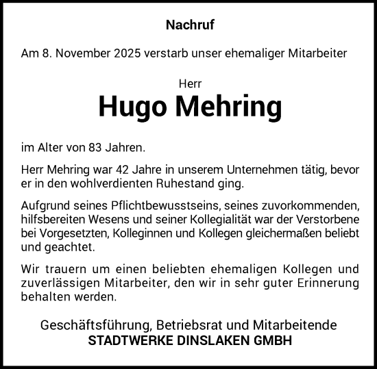 Traueranzeige von Hugo Mehring von Rheinische Post
