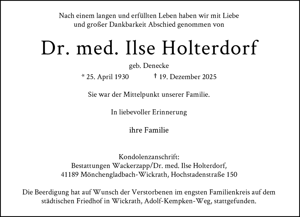  Traueranzeige für Ilse Holterdorf vom 03.01.2026 aus Rheinische Post