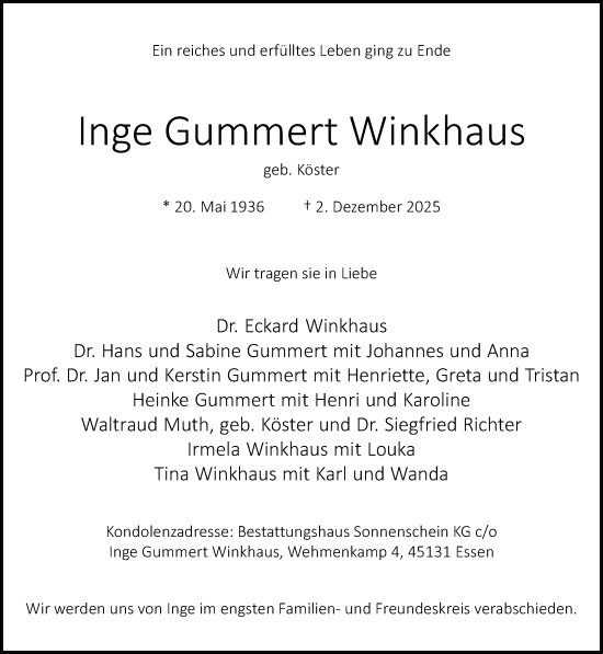 Traueranzeige von Inge Gummert Winkhaus von Rheinische Post