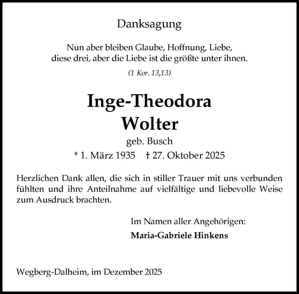  Traueranzeige für Inge-Theodora Wolter vom 20.12.2025 aus Rheinische Post