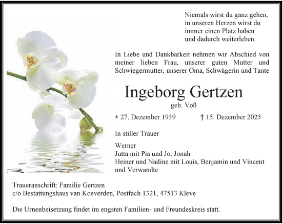 Traueranzeige von Ingeborg Gertzen von Rheinische Post