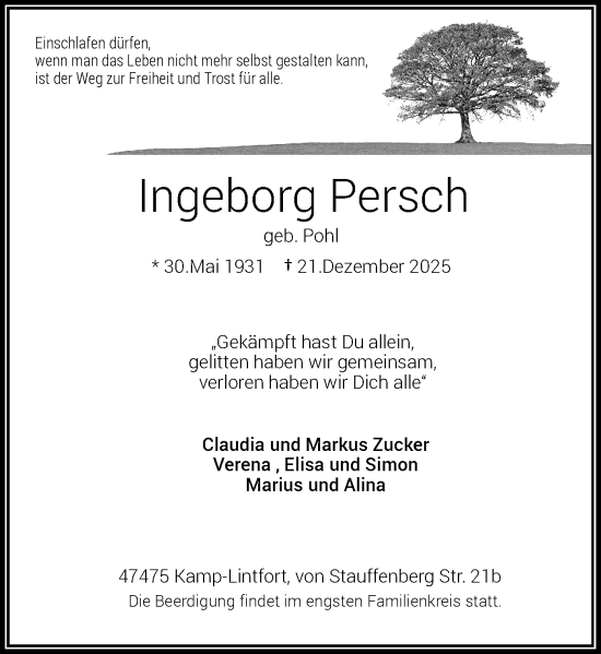 Traueranzeige von Ingeborg Persch von Rheinische Post