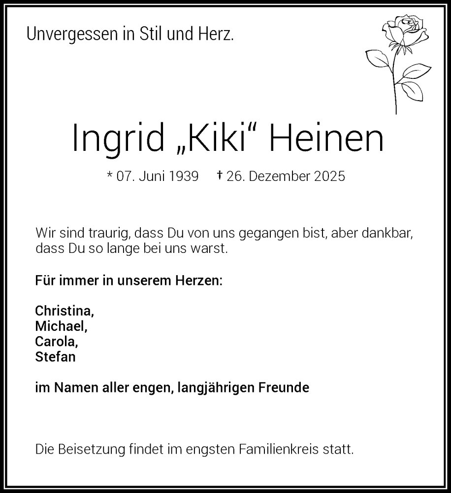  Traueranzeige für Ingrid Heinen vom 30.12.2025 aus Rheinische Post