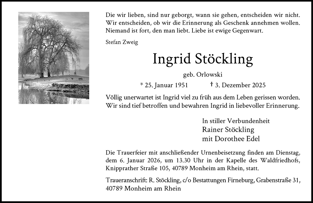  Traueranzeige für Ingrid Stöckling vom 03.01.2026 aus Rheinische Post