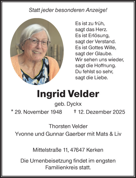 Traueranzeige von Ingrid Velder von Rheinische Post