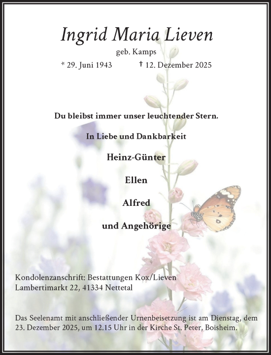 Traueranzeige von Ingrid Maria Lieven von Rheinische Post