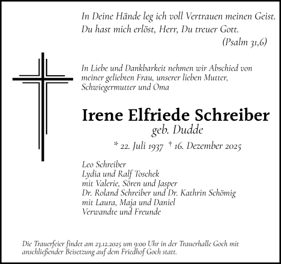 Traueranzeige von Irene Elfriede Schreiber von Rheinische Post
