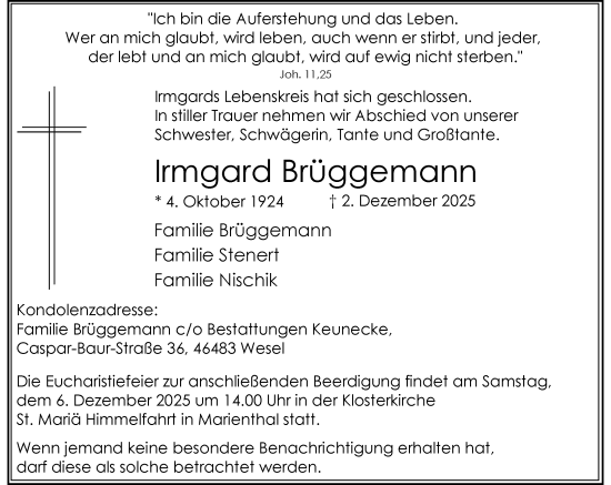 Traueranzeige von Irmgard Brüggemann von Rheinische Post