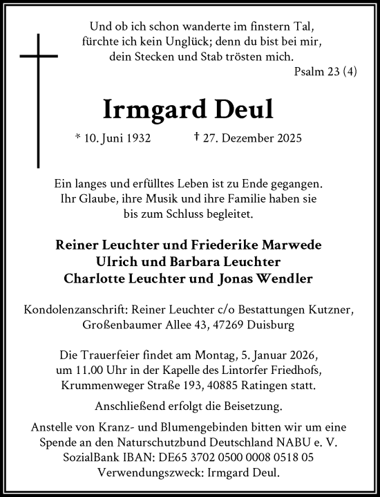 Traueranzeige von Irmgard Deul von Rheinische Post