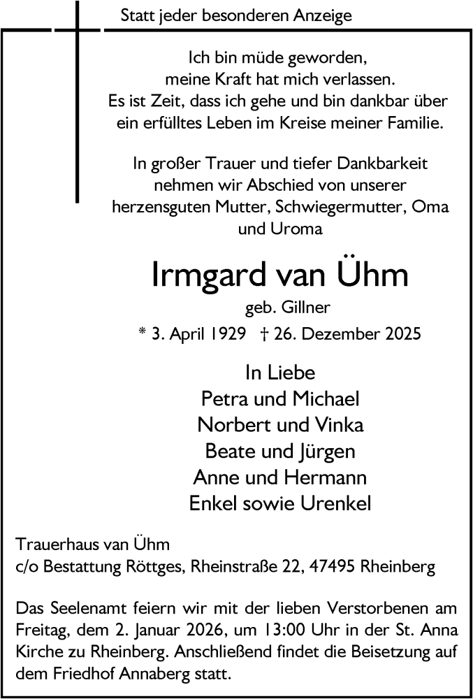  Traueranzeige für Irmgard van Ühm vom 30.12.2025 aus Rheinische Post