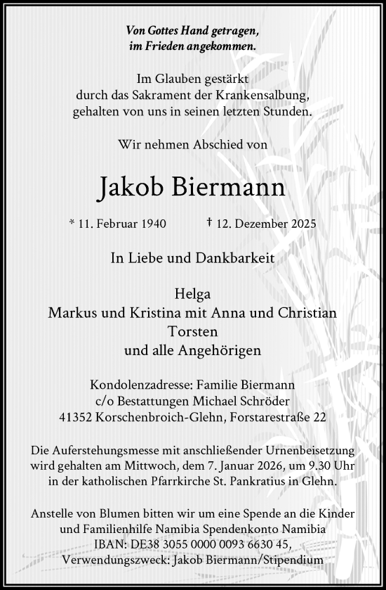 Traueranzeige von Jakob Biermann von Rheinische Post