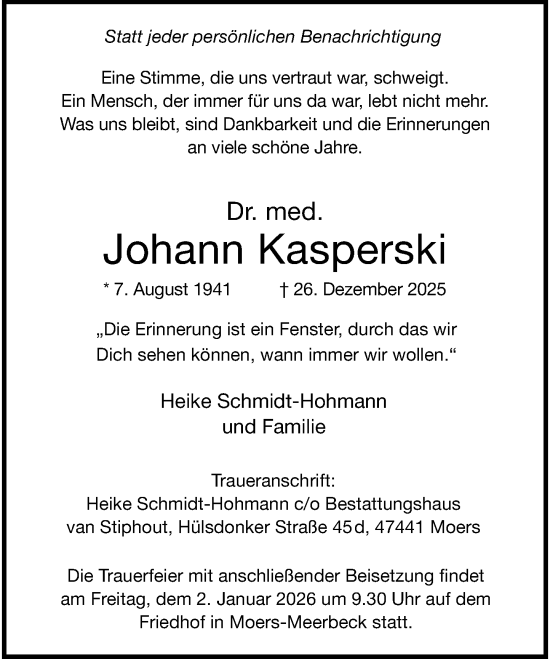 Traueranzeige von Johann Kasperski von Rheinische Post