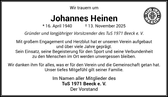 Traueranzeige von Johannes Heinen von Rheinische Post