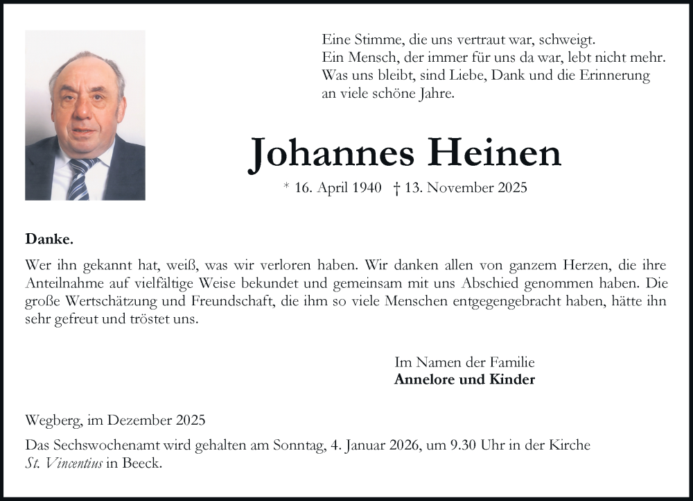  Traueranzeige für Johannes Heinen vom 20.12.2025 aus Rheinische Post