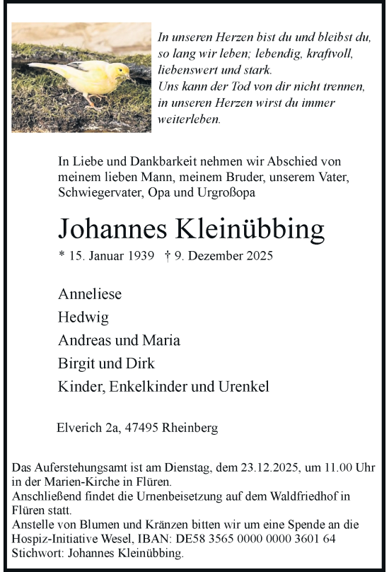 Traueranzeige von Johannes Kleinübbing von Rheinische Post