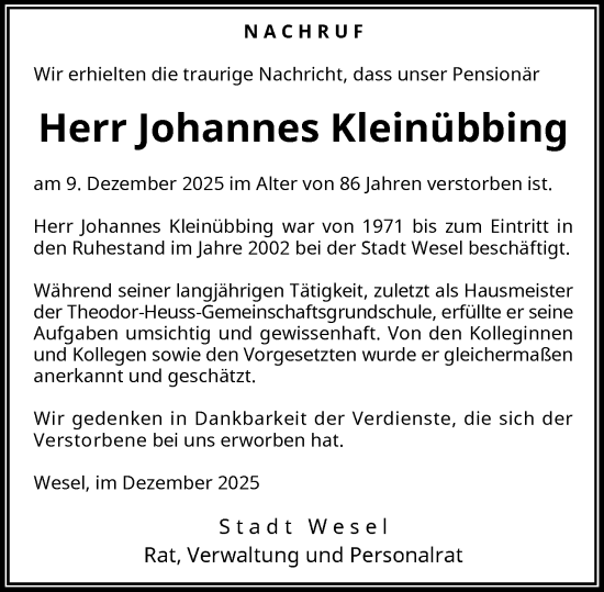 Traueranzeige von Johannes Kleinübbing von Rheinische Post