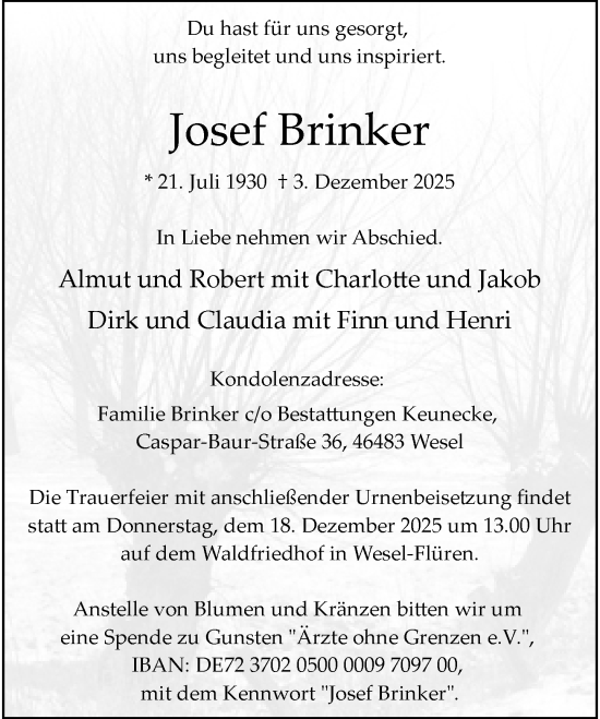 Traueranzeige von Josef Brinker von Rheinische Post