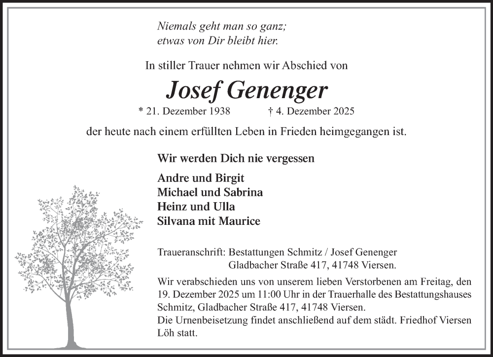  Traueranzeige für Josef Genenger vom 13.12.2025 aus Rheinische Post