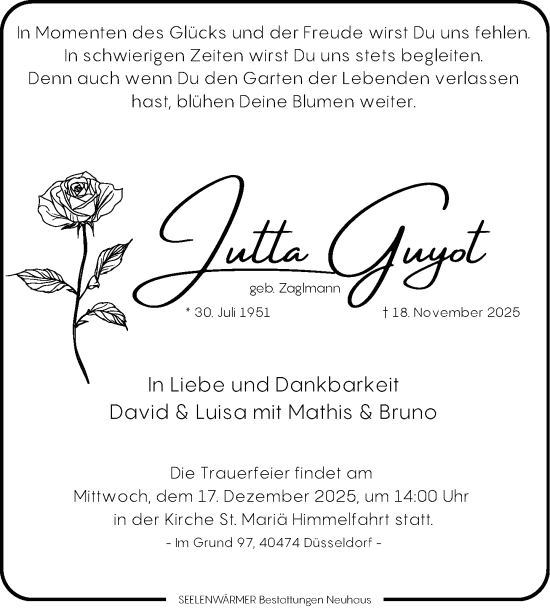 Traueranzeige von Jutta Guyot von Rheinische Post
