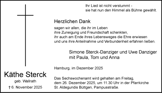 Traueranzeige von Käthe Sterck von Rheinische Post