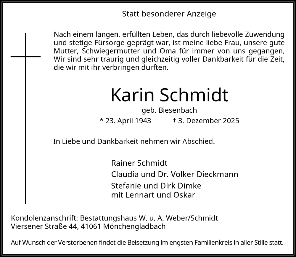  Traueranzeige für Karin Schmidt vom 13.12.2025 aus Rheinische Post