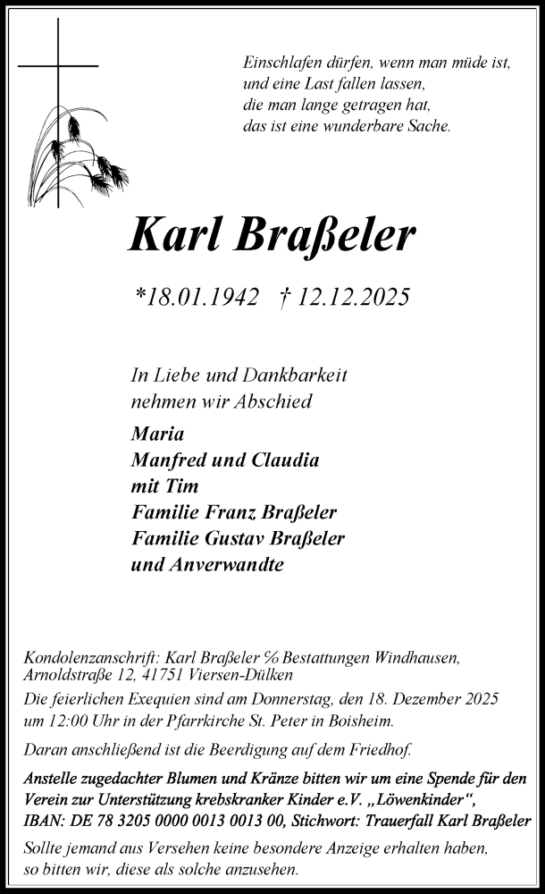  Traueranzeige für Karl Braßeler vom 13.12.2025 aus Rheinische Post