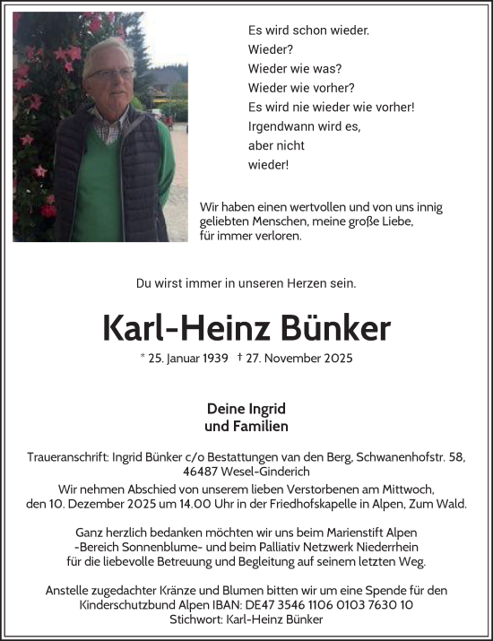 Traueranzeige von Karl-Heinz Bünker von Rheinische Post
