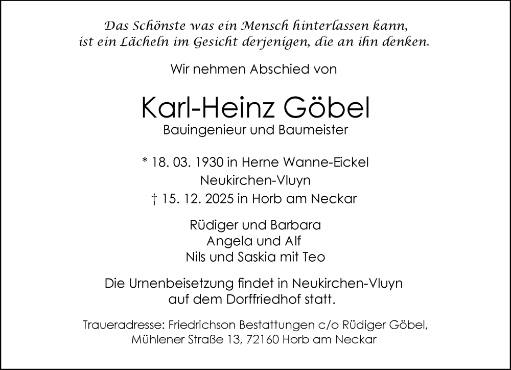  Traueranzeige für Karl-Heinz Göbel vom 20.12.2025 aus Rheinische Post