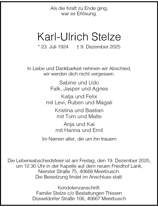 Traueranzeige von Karl-Ulrich Stelze von Rheinische Post