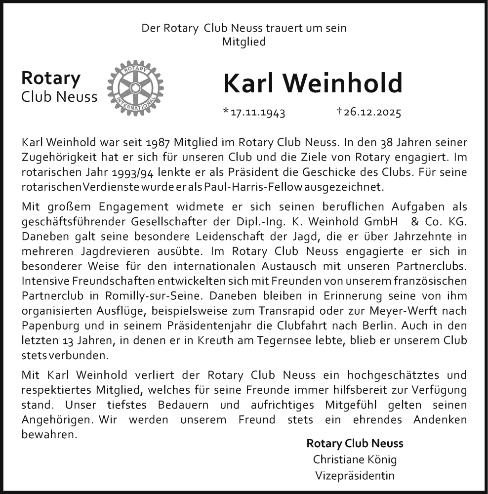  Traueranzeige für Karl Weinhold vom 03.01.2026 aus Rheinische Post