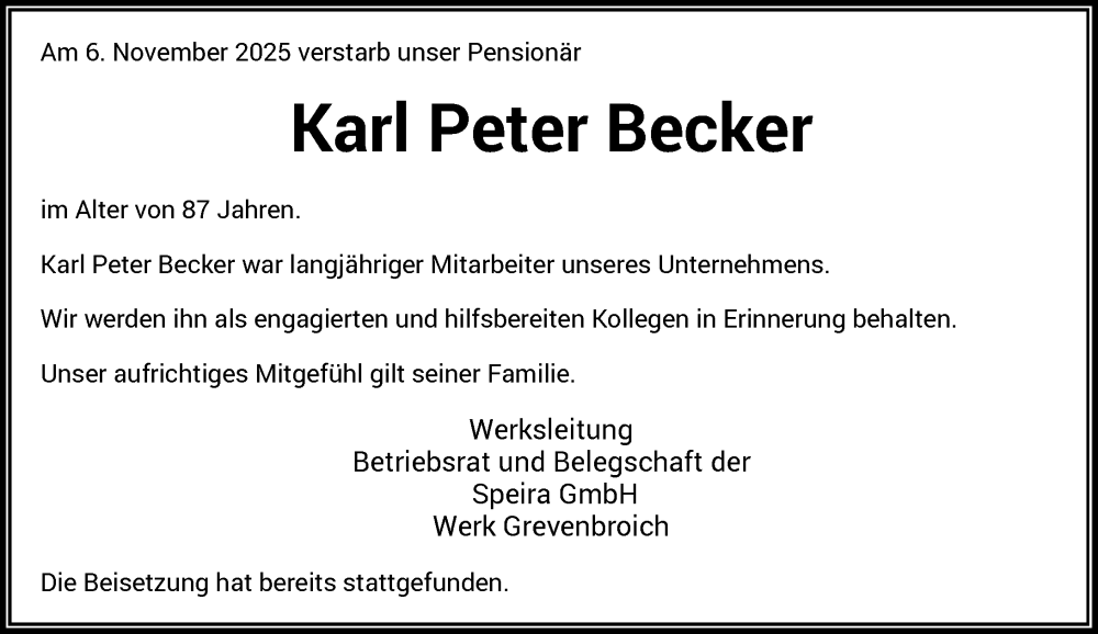  Traueranzeige für Karl Peter Becker vom 03.12.2025 aus Rheinische Post