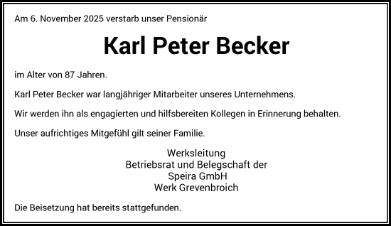 Traueranzeige von Karl Peter Becker von Rheinische Post