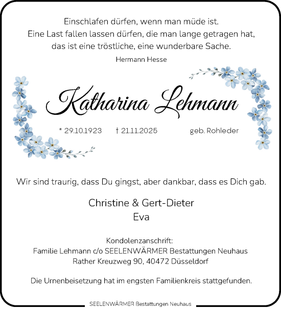 Traueranzeige von Katharina Lehmann von Rheinische Post
