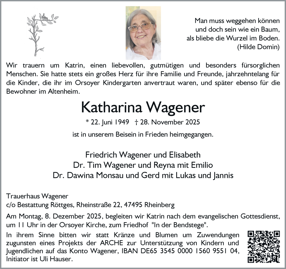  Traueranzeige für Katharina Wagener vom 04.12.2025 aus Rheinische Post