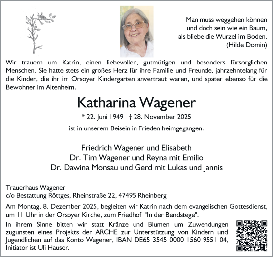 Traueranzeige von Katharina Wagener von Rheinische Post