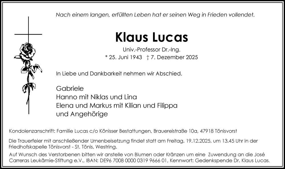  Traueranzeige für Klaus Lucas vom 13.12.2025 aus Rheinische Post