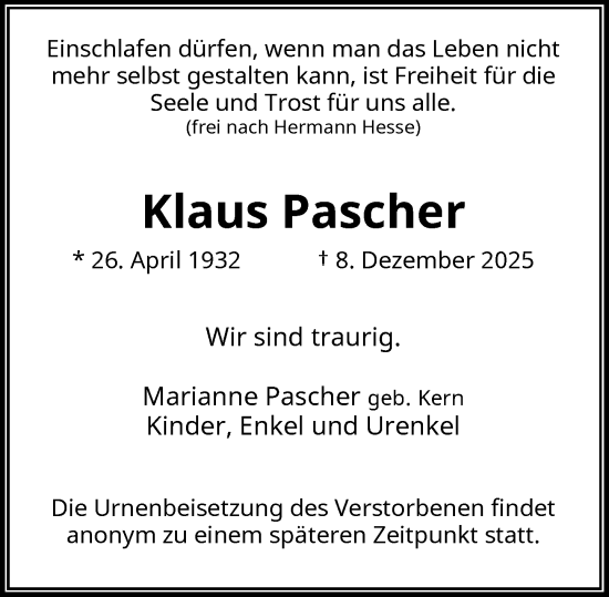 Traueranzeige von Klaus Pascher von Rheinische Post